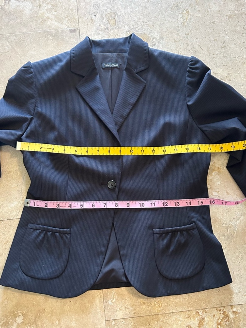 Tahari Dark Navy Pinstripe Single-Button Blazer, Size 8( Size tag is cut off) - Picture 11 of 16